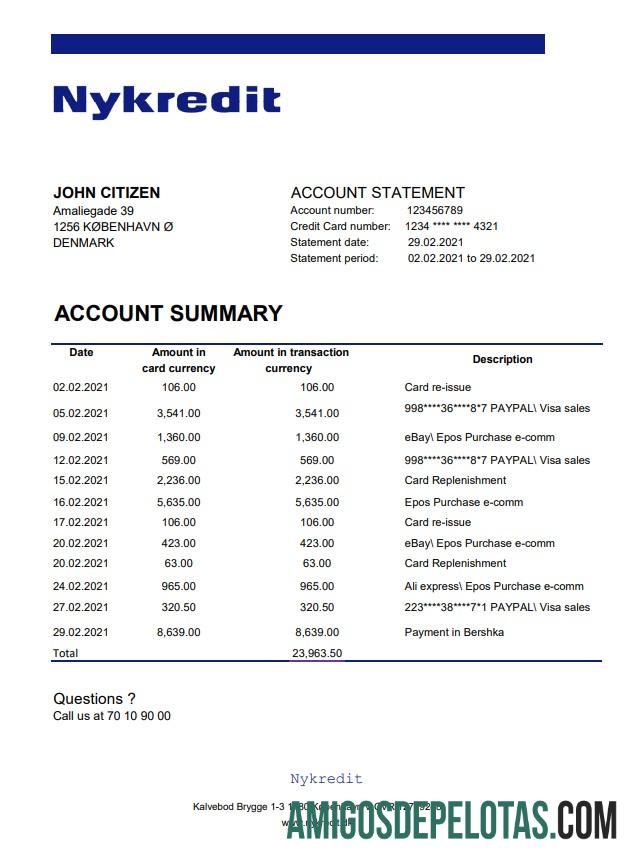 Extrato bancário Nykredit da Dinamarca para download, modelo fácil de preencher em formato de arquivo .xls e .pdf
